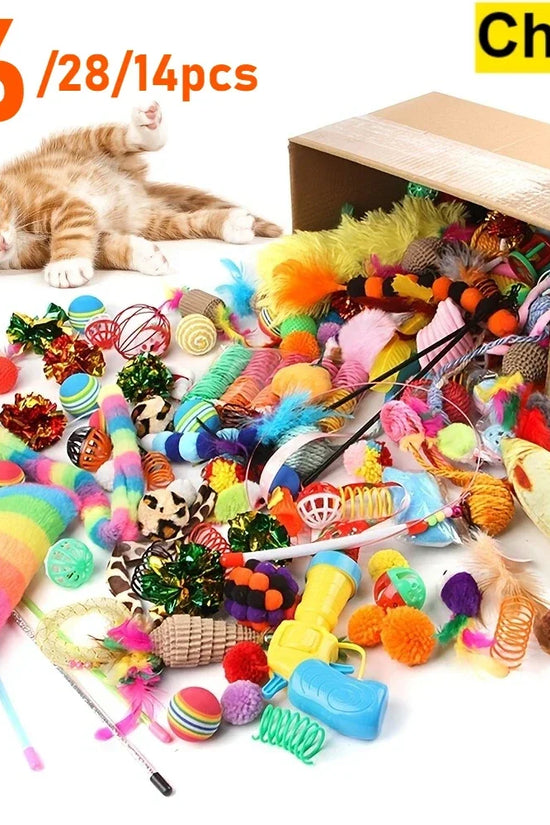 56pcs/28pcs/14pcs Cat Toys Mixed Pack. A Combination of Various Plastic Toys and Plush Toys Suitable for Multiple Cats To Play