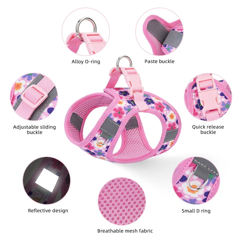 HP386--Pet cat & dog printed vest style harness, 360° fit to the pet's body shape, 1.5-meter dog rope.