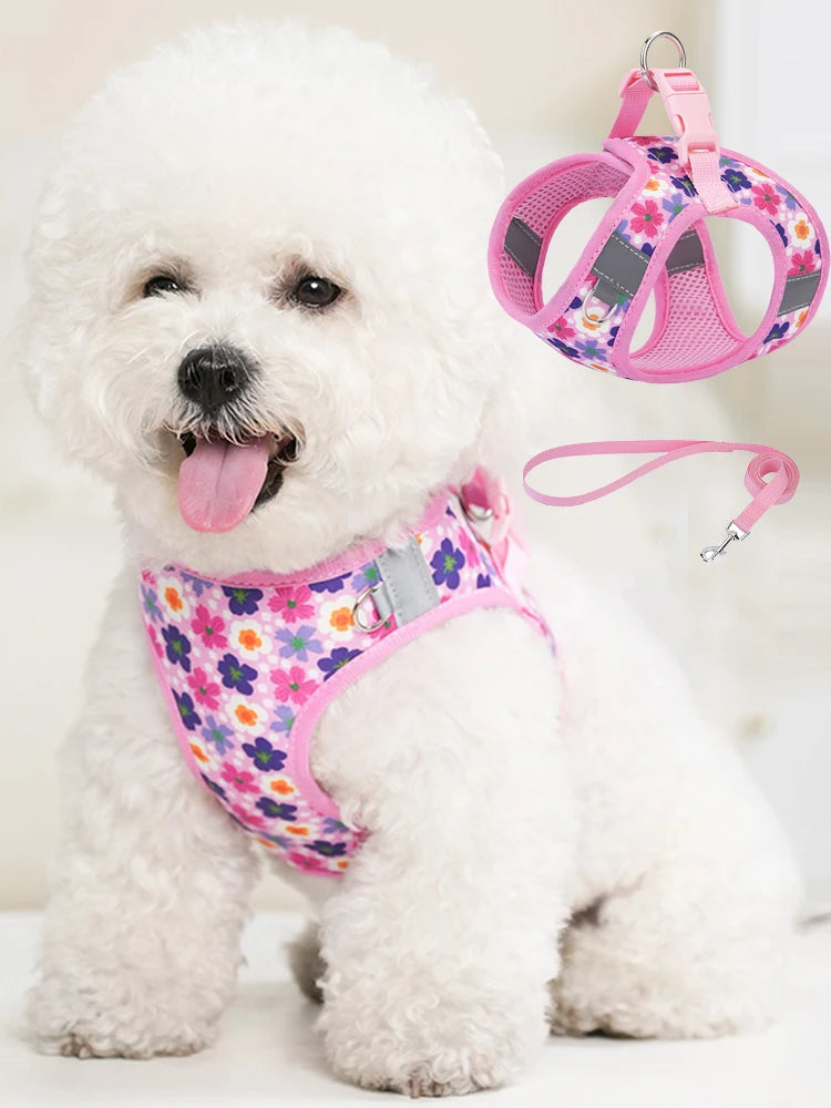 HP386--Pet cat & dog printed vest style harness, 360° fit to the pet's body shape, 1.5-meter dog rope.
