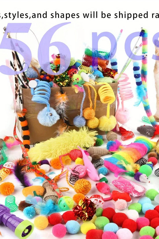 56pcs/28pcs/14pcs Cat Toys Mixed Pack. A Combination of Various Plastic Toys and Plush Toys Suitable for Multiple Cats To Play