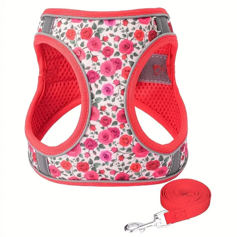 HP386--Pet cat & dog printed vest style harness, 360° fit to the pet's body shape, 1.5-meter dog rope.