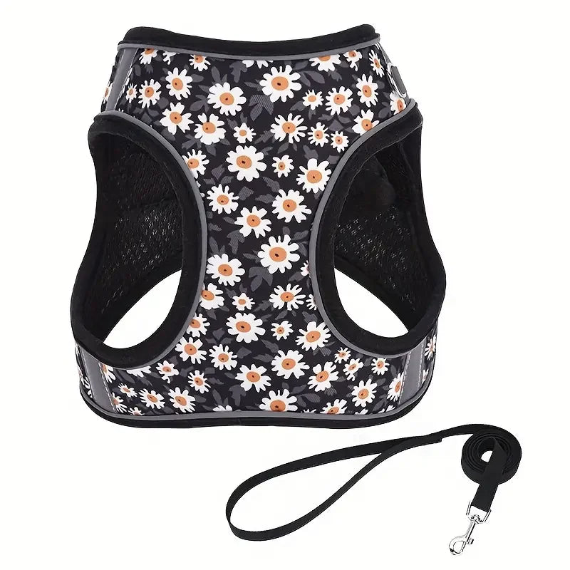 HP386--Pet cat & dog printed vest style harness, 360° fit to the pet's body shape, 1.5-meter dog rope.
