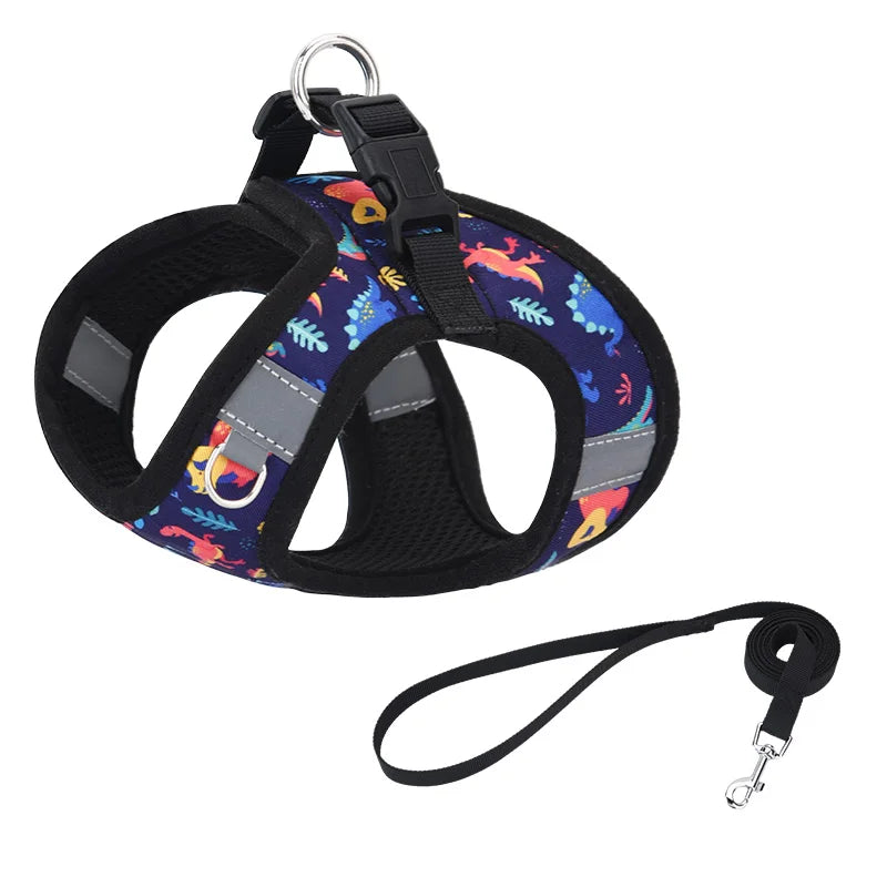 HP386--Pet cat & dog printed vest style harness, 360° fit to the pet's body shape, 1.5-meter dog rope.